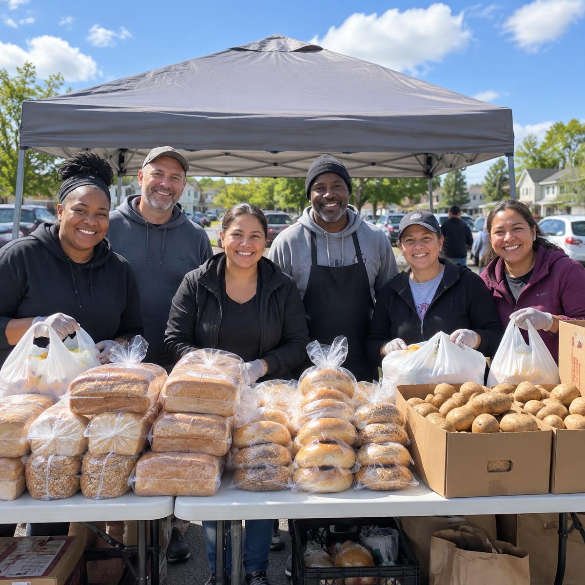 Community volunteers distributing fresh groceries at an outdoor food giveaway