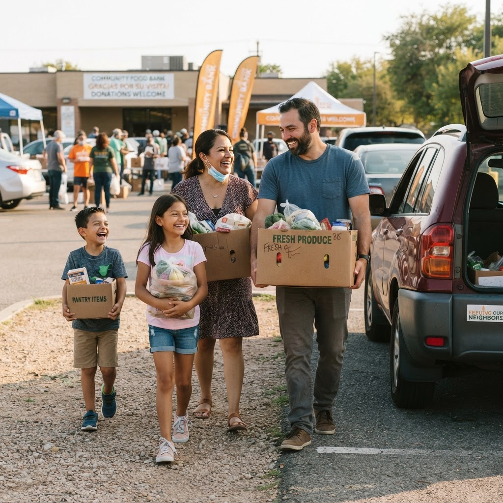 A family carrying home their grocery boxes
